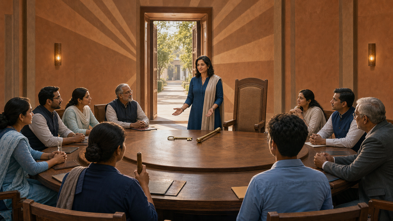 A leader stands beside an empty high-backed chair and faces junior staff, community members, and senior colleagues around a circular table.
