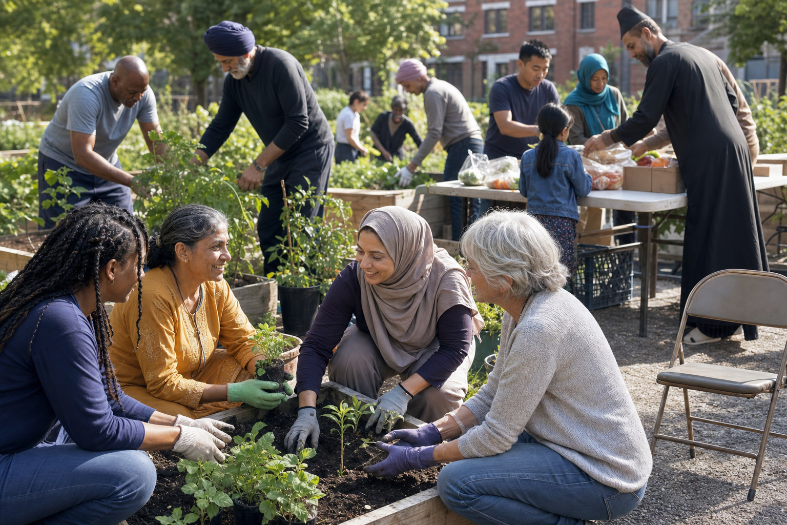 Anglican and Dharmic volunteers plant a community garden and prepare food parcels with neighborhood residents.