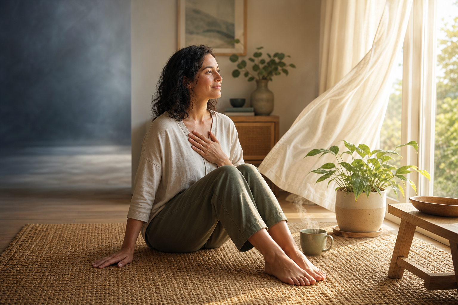 An adult grounds themselves with one hand on their chest and one on a woven rug beside a bright window, a cup, and a houseplant.