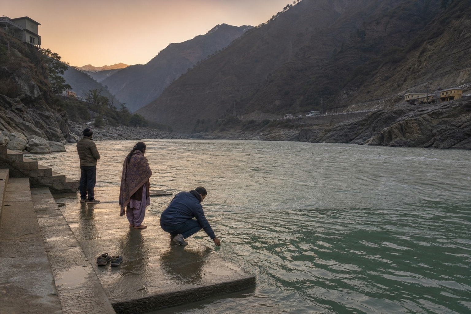 Visitors behaving quietly at ghat steps beside the meeting of the Alaknanda and Nandakini rivers.