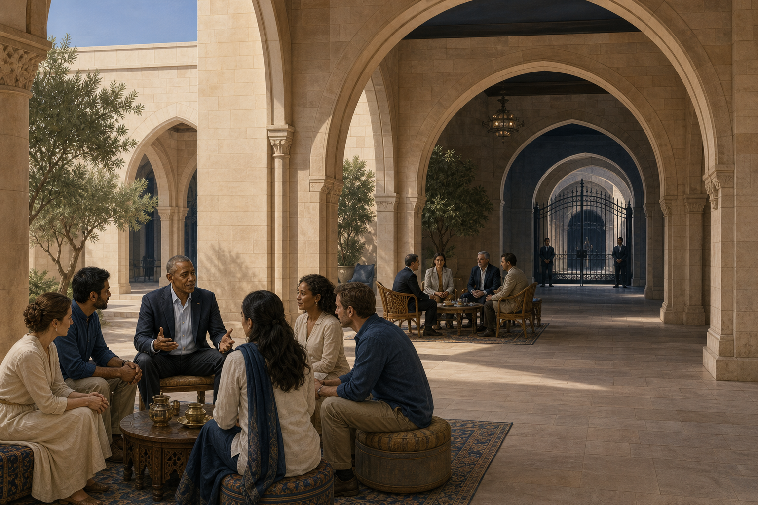 People talk in an open courtyard, mediators meet around a low table in a second space, and a closed gate stands in a distant third courtyard.