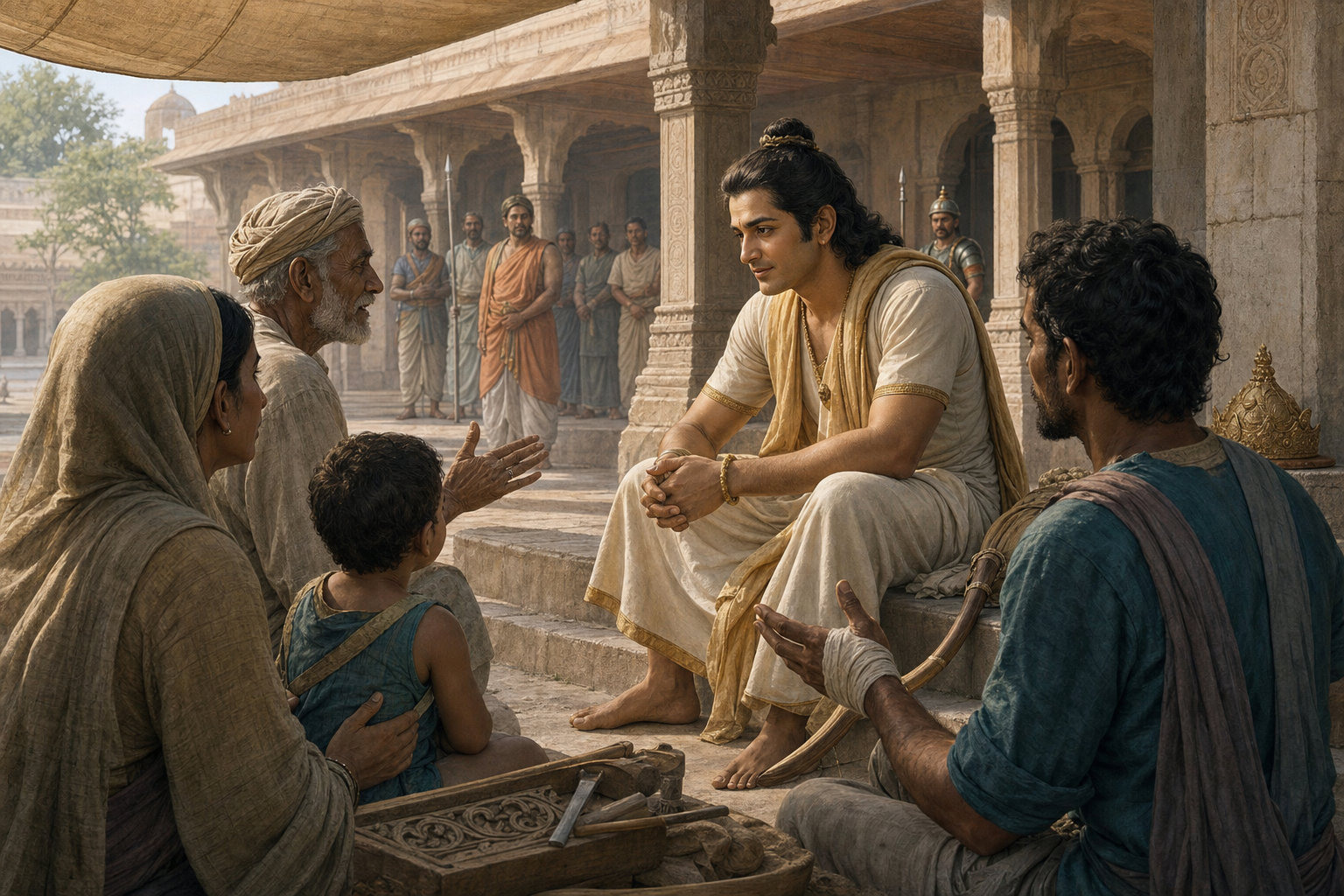 Rama sits on a low courtyard step listening to an elderly farmer, a mother with a child, and an injured artisan while courtiers stand behind him.