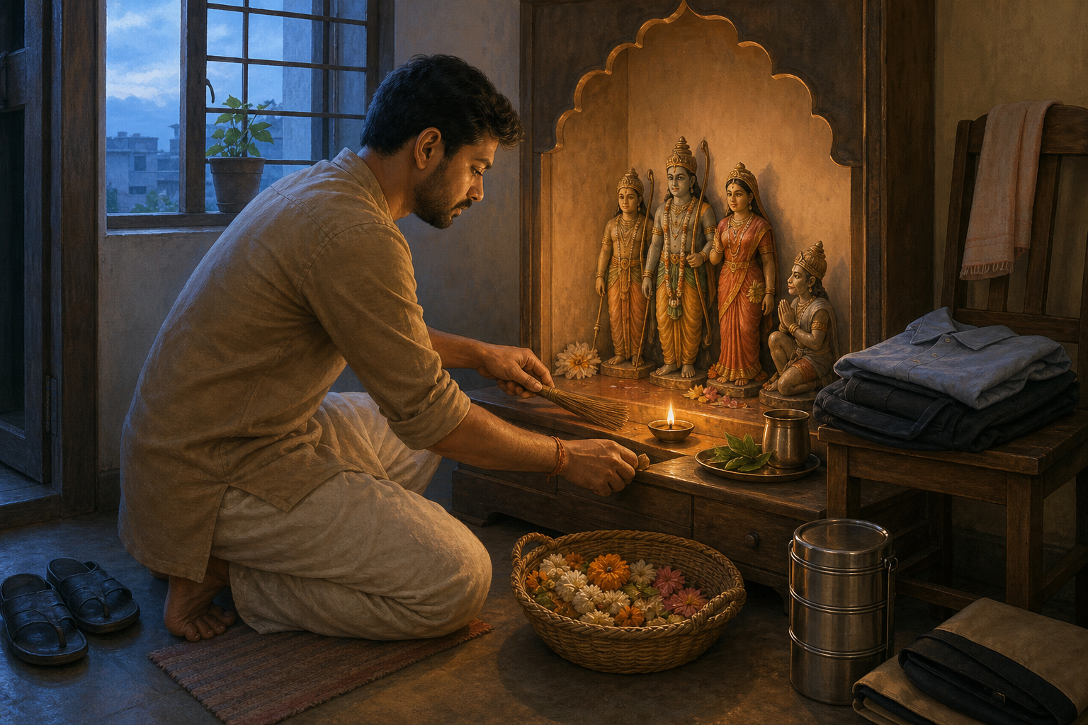 A devotee cleans a home prayer corner and lights an oil lamp before small figures of Rama, Sita, Lakshmana, and Hanuman on an ordinary morning.