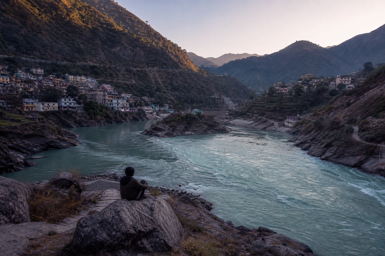 A seated traveler watches the Nandprayag confluence as late-day light falls across the surrounding mountain slopes.