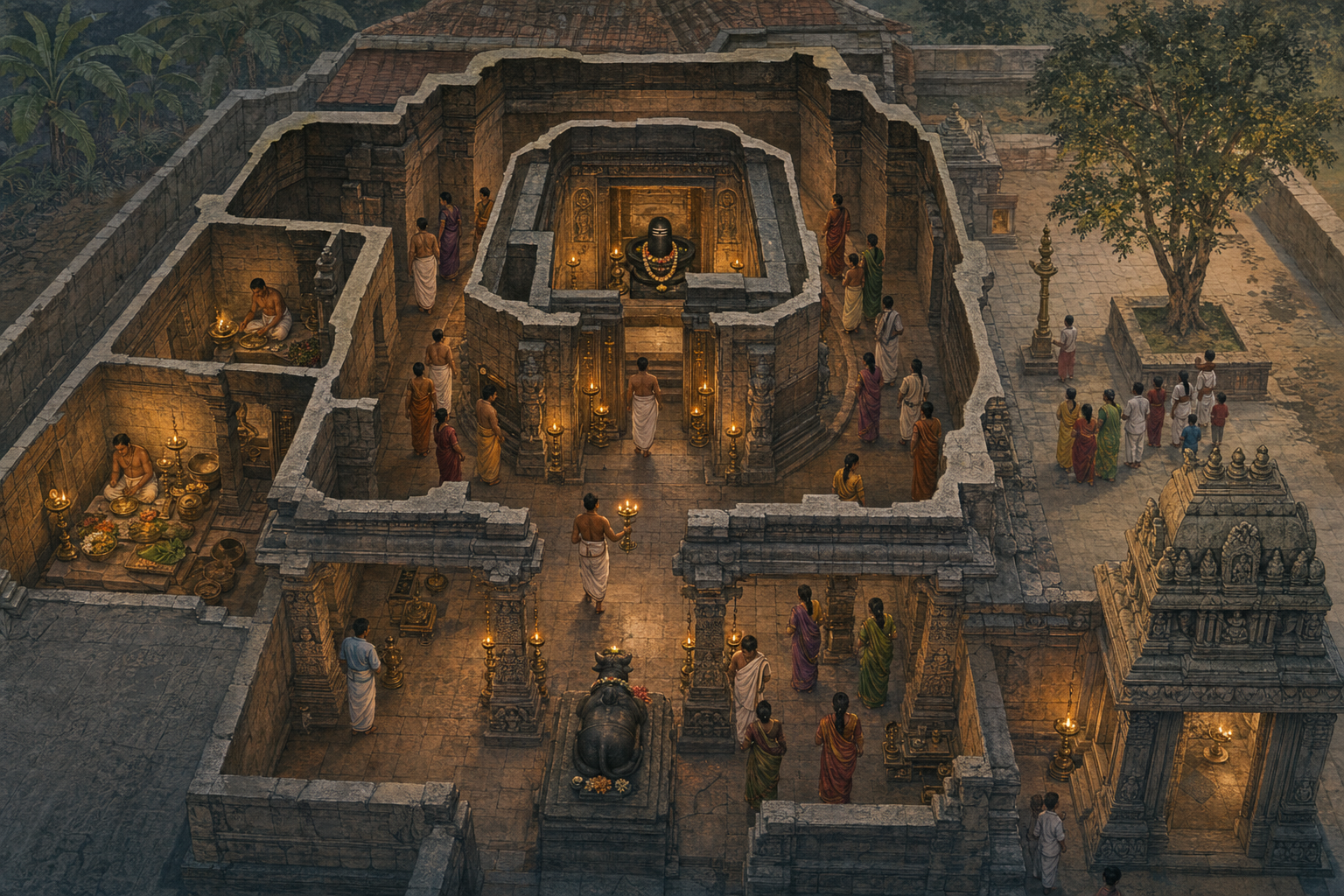 Cutaway view of a Shaiva temple showing the Linga in the inner sanctum, surrounding passages, worship spaces, a priest and gathered devotees.