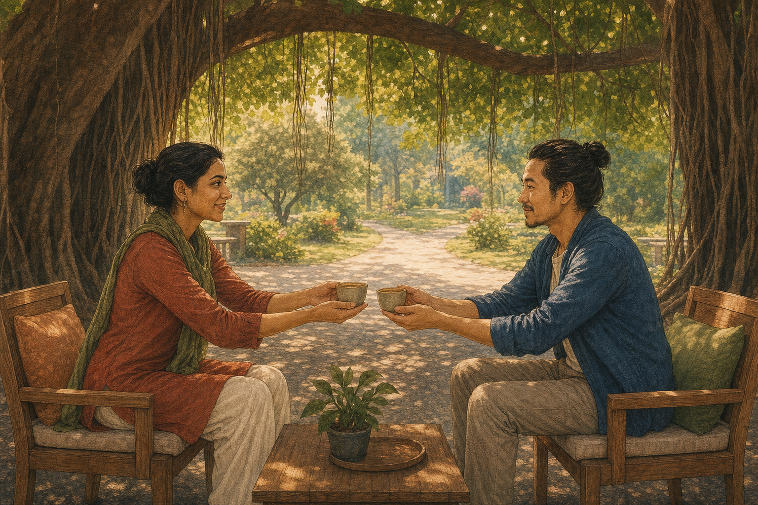 Two adults sit as equals beneath a banyan tree, each offering and receiving a cup of tea while an open path remains visible behind them.