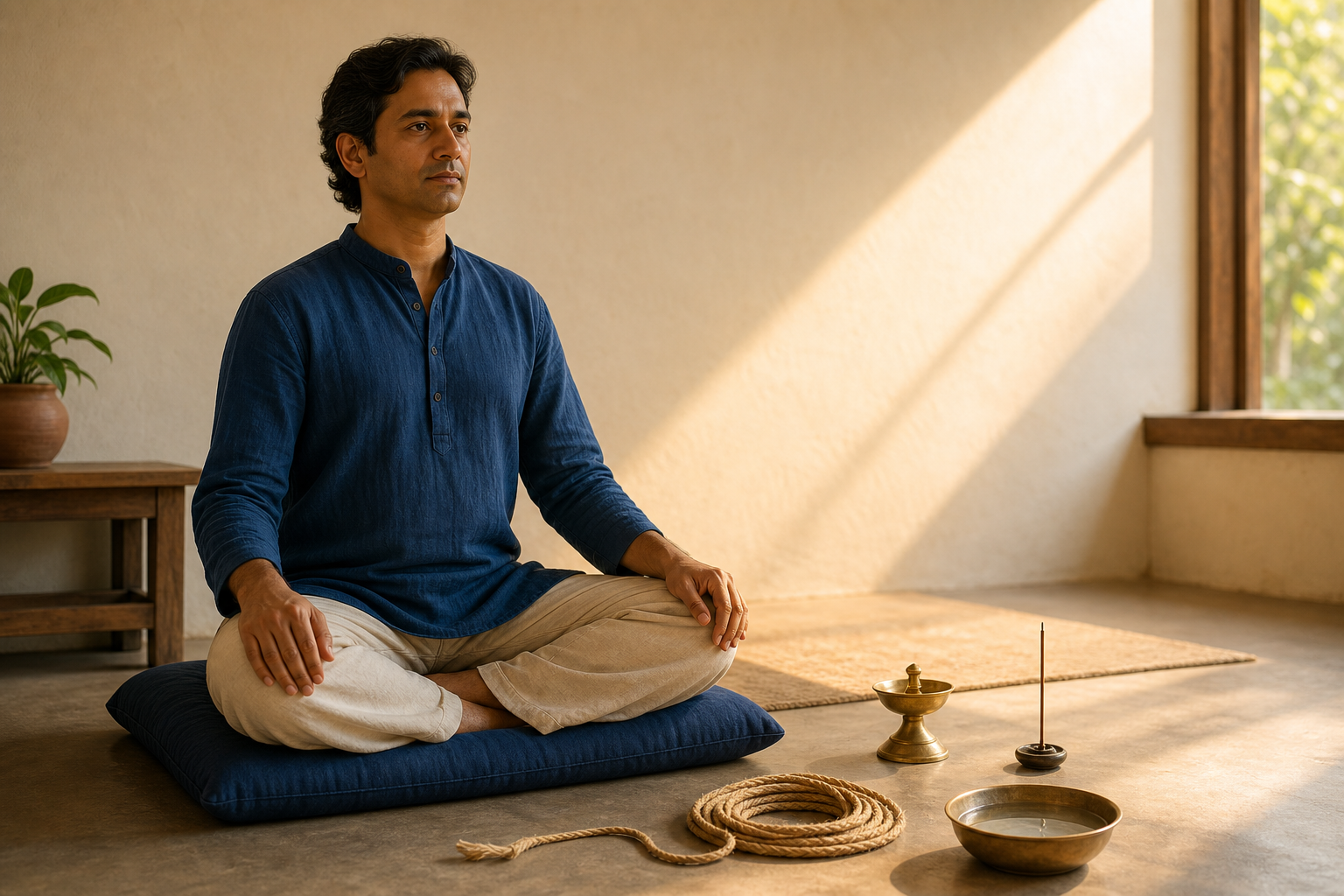An adult meditates with eyes gently open beside a plain brass lamp, a bowl of water, and a carefully untied rope in a sunlit room.
