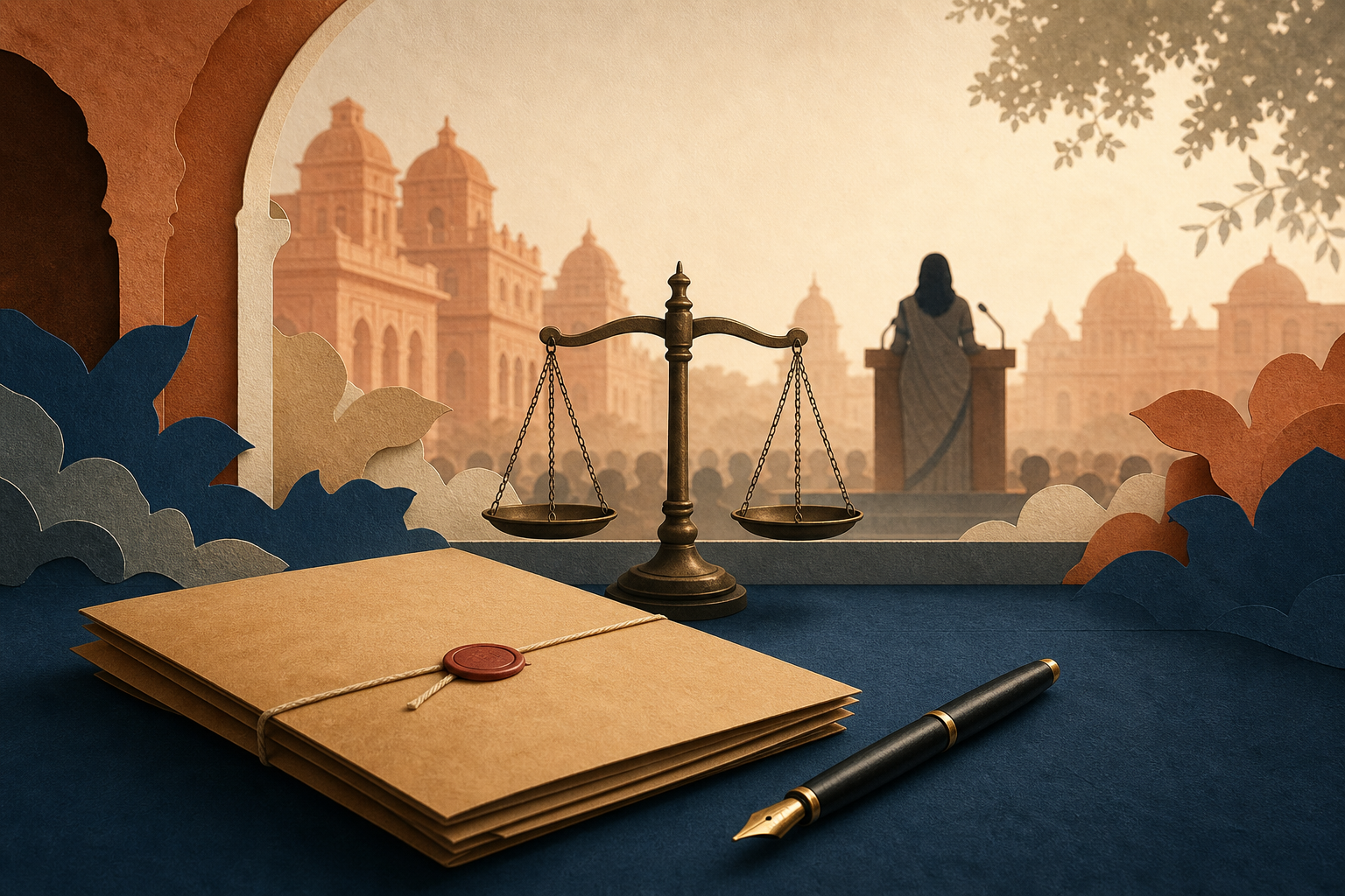 An anonymous speaker, a sealed case folder, and scales of justice arranged in a symbolic editorial scene with terracotta architecture behind them.