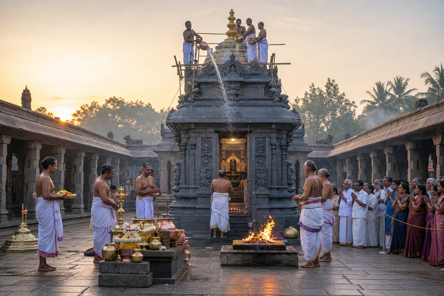 Priests prepare consecration vessels, offerings and a sacred fire in a temple courtyard while devotees observe from nearby.