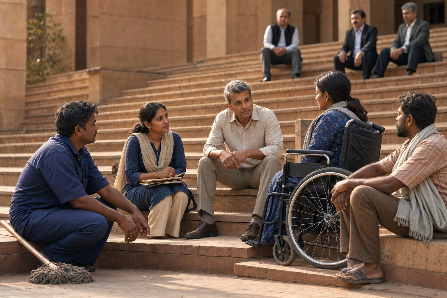 A senior leader sits on a low step and listens to maintenance, clerical, contract, and wheelchair-using community members while advisers remain higher on the stairs.