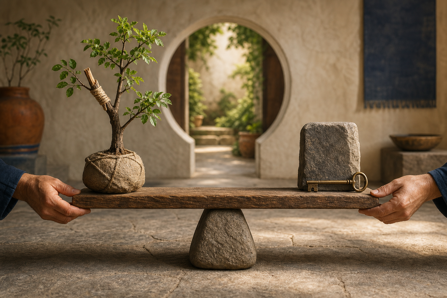 Two hands steady a level balance holding a sheltered, bandaged young tree on one side and a boundary stone with a brass key on the other.