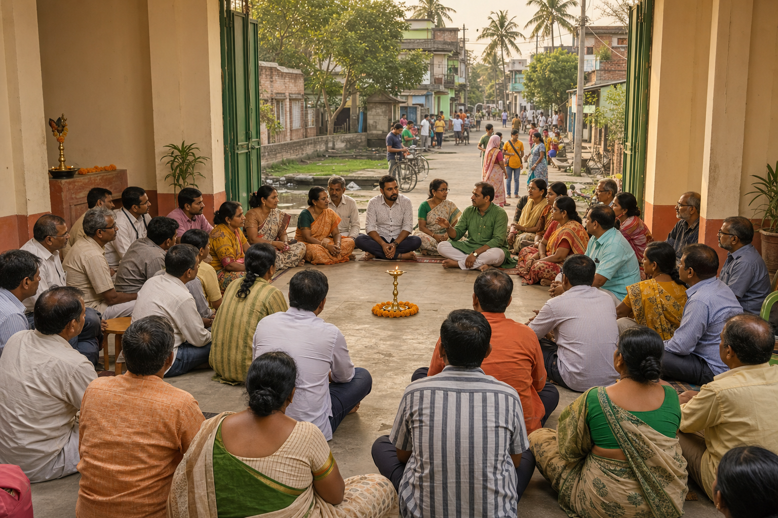 Bengali residents take part in a community discussion inside a modest hall decorated with marigolds and a brass oil lamp.