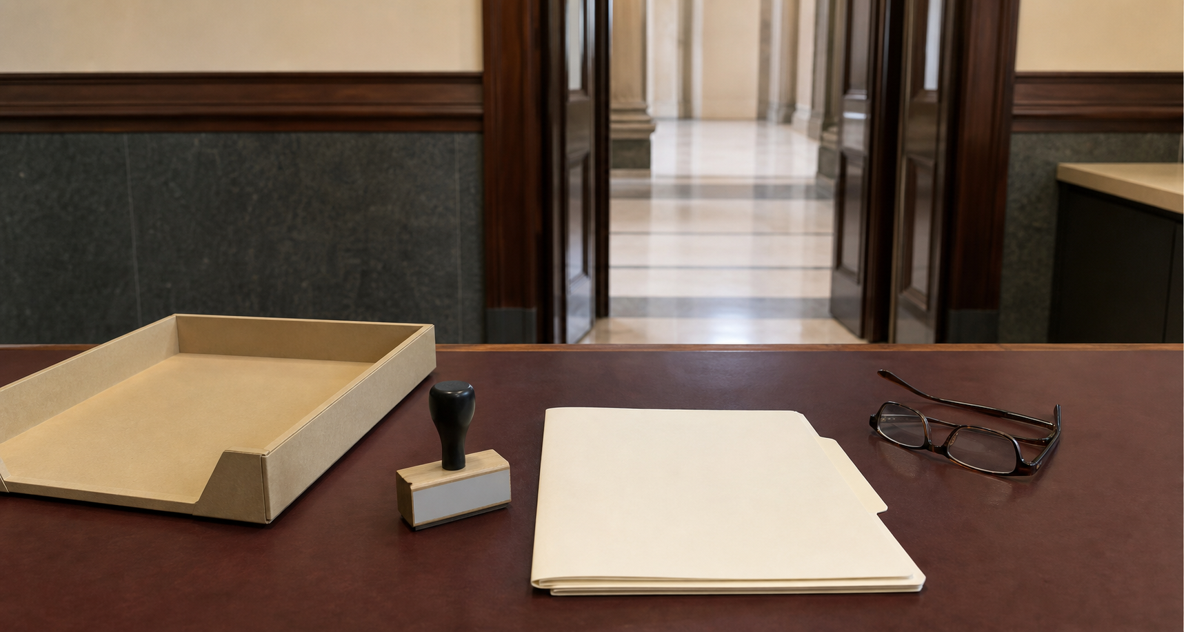 A blank complaint folder, unused stamp, evidence tray, and reading glasses sit on a police-station desk near a courthouse doorway.