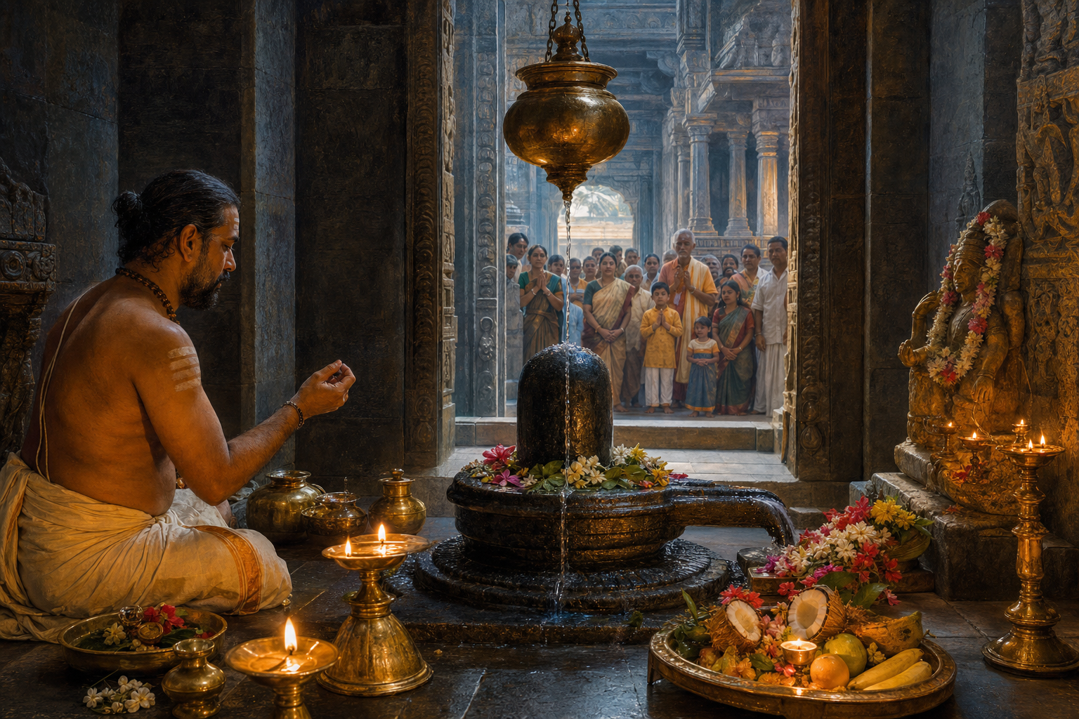 A priest worships a water-bathed Linga as lamps, offerings, temple architecture and waiting devotees form one connected ritual scene.