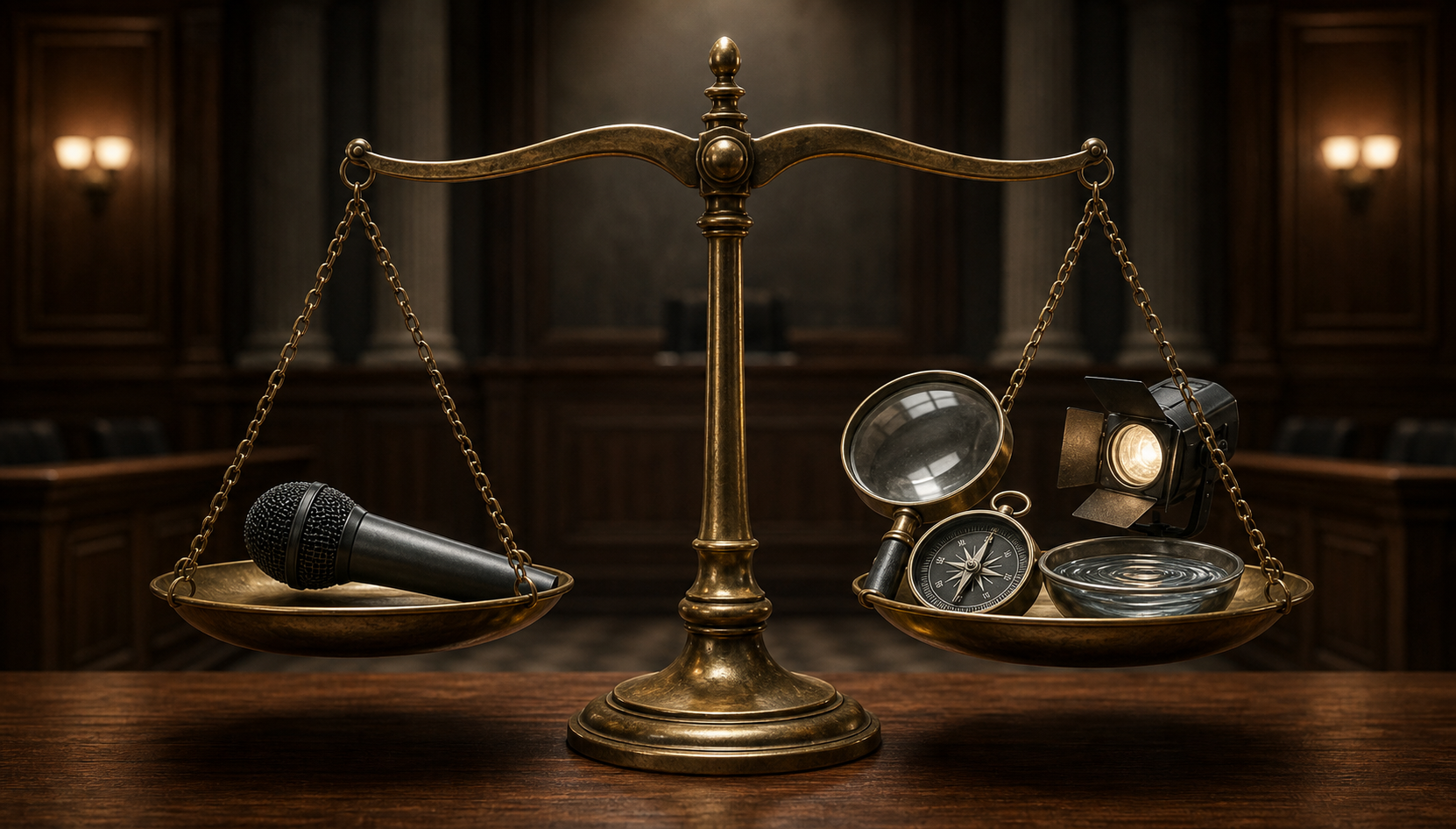 A balance scale weighs an unmarked microphone against a magnifying lens, compass, stage light, and bowl of rippling water in a courtroom setting.