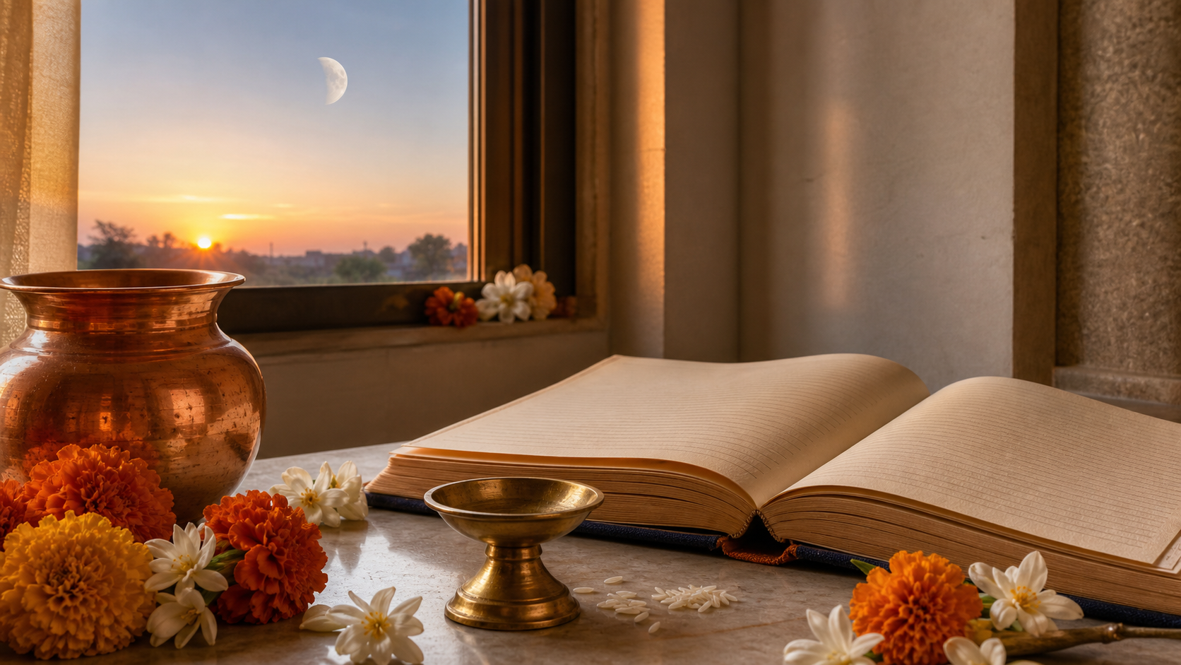 A brass diya, copper vessel, flowers, and an open blank almanac sit beside a sunrise window with a faint waning Moon in the sky.