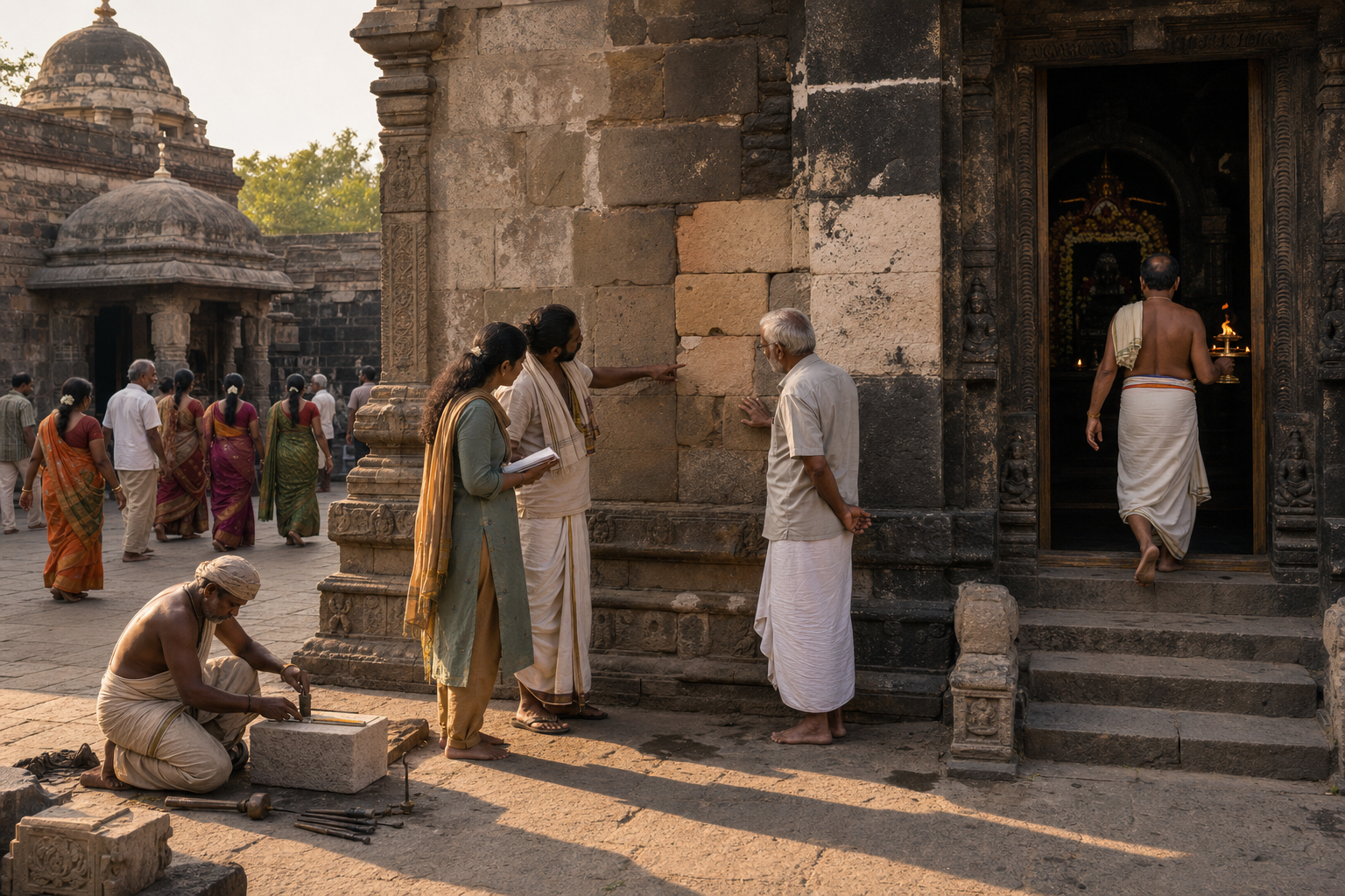 A temple practitioner, local elder and conservator examine weathered stonework while a sculptor, priest and devotees continue their work and worship nearby.