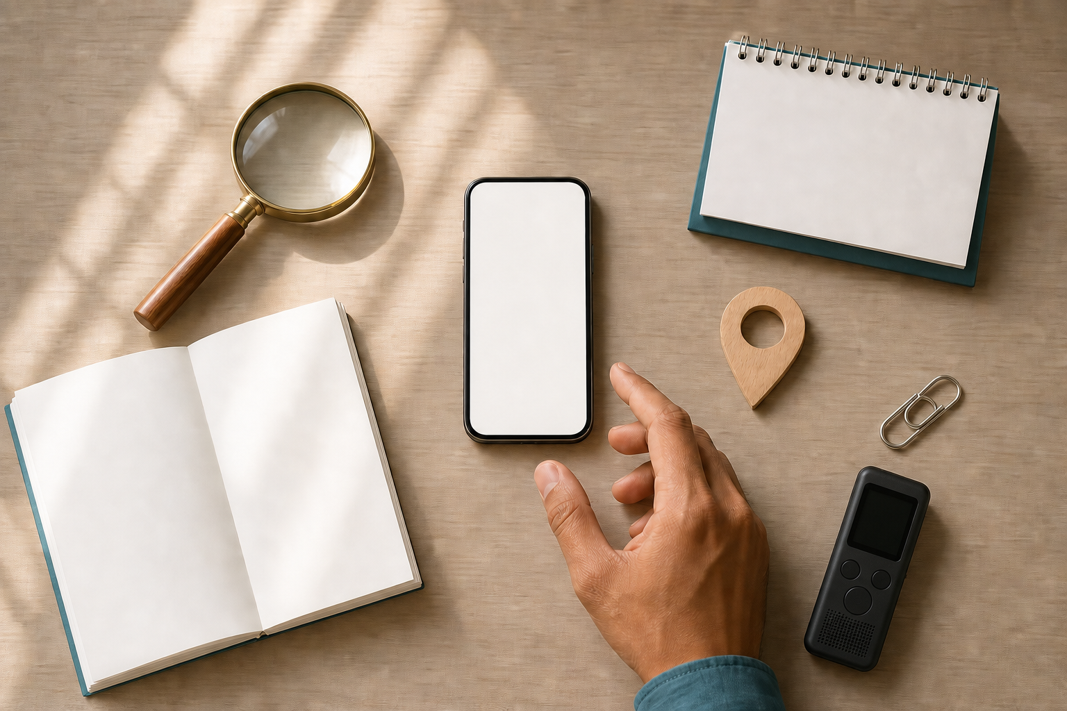 Six fact-checking objects surround a blank smartphone while a hand pauses above the screen on a well-lit desk.