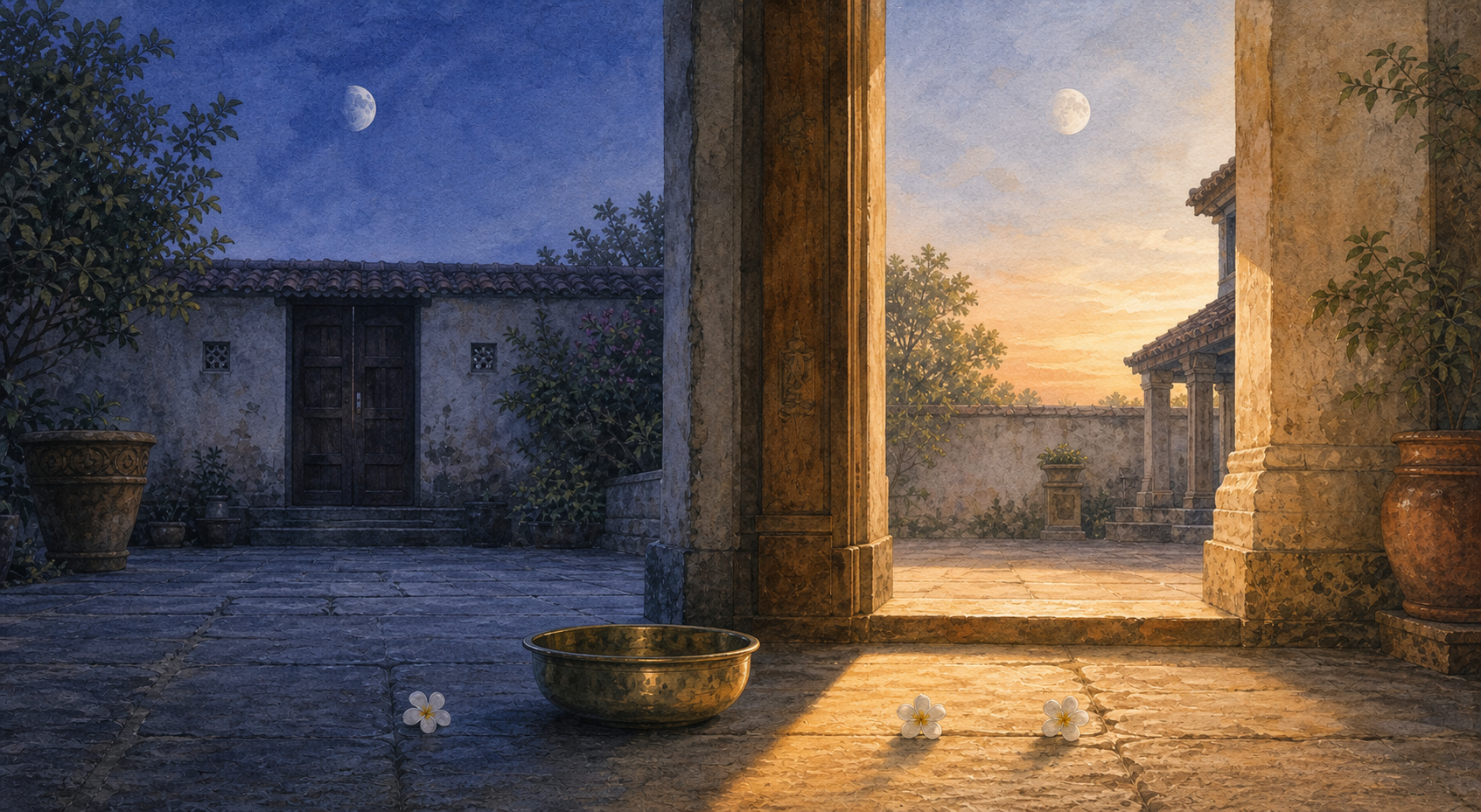 A dawn courtyard shifts from cool predawn light to warm morning sunlight, with a fading waning Moon and flowers marking two consecutive moments.