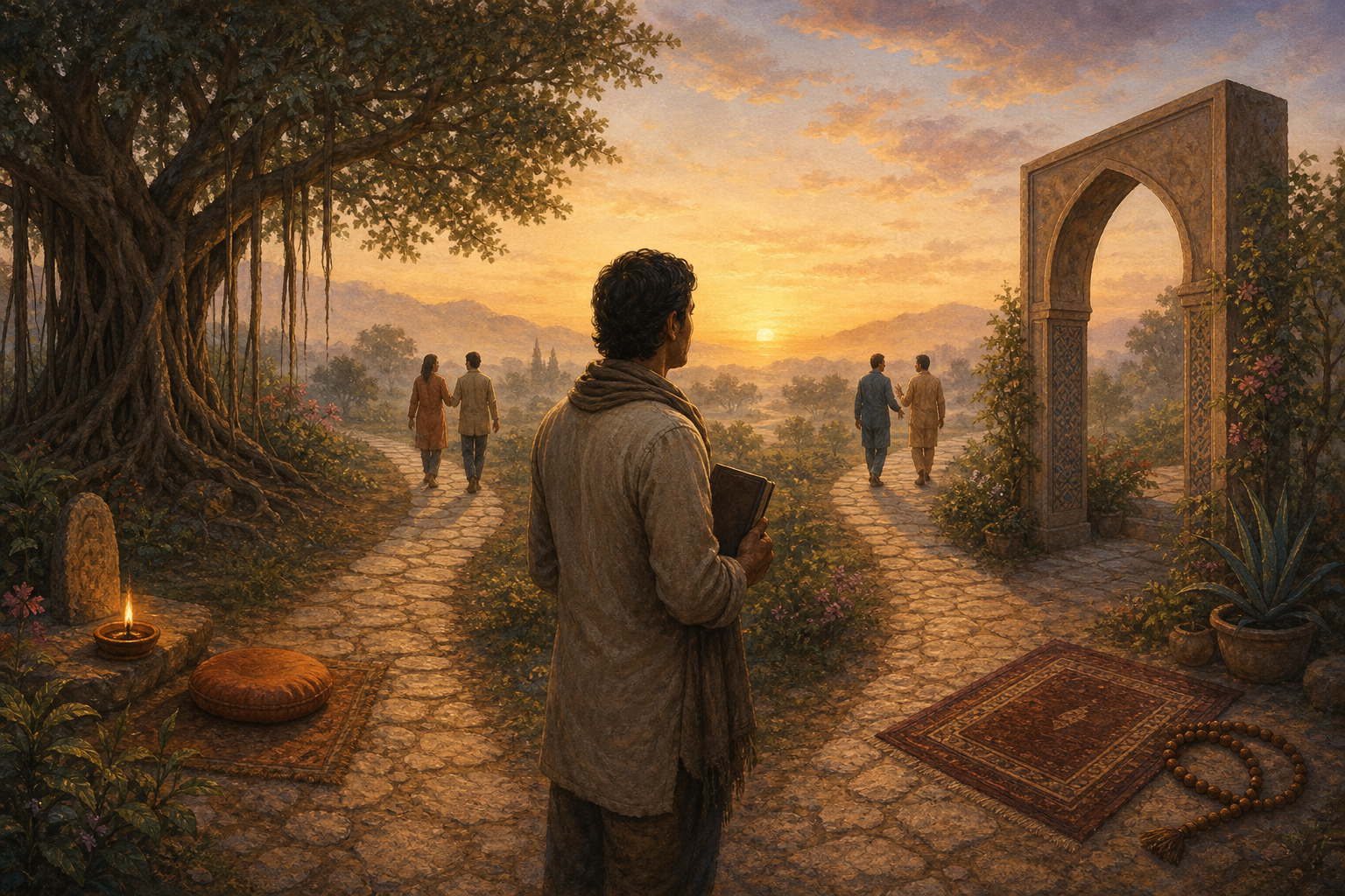 A seeker stands between two separate garden paths, one marked by a banyan tree and oil lamp and the other by a geometric arch and prayer beads, with pairs of companions walking toward the same dawn horizon.