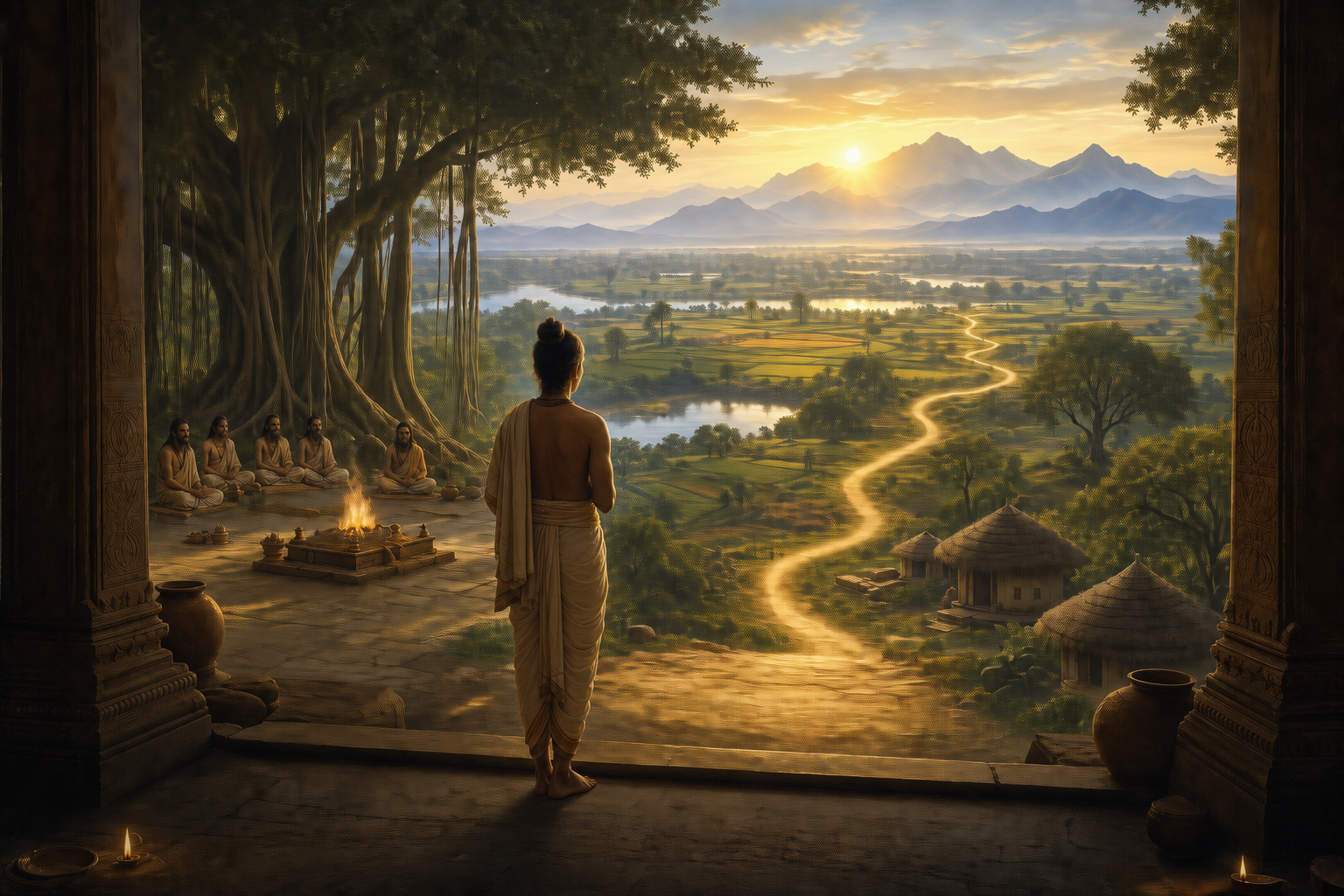 A seeker holding a closed palm-leaf manuscript stands at the entrance to a forest ashrama, looking toward a firelit path, rivers, fields, and distant mountains at dawn.