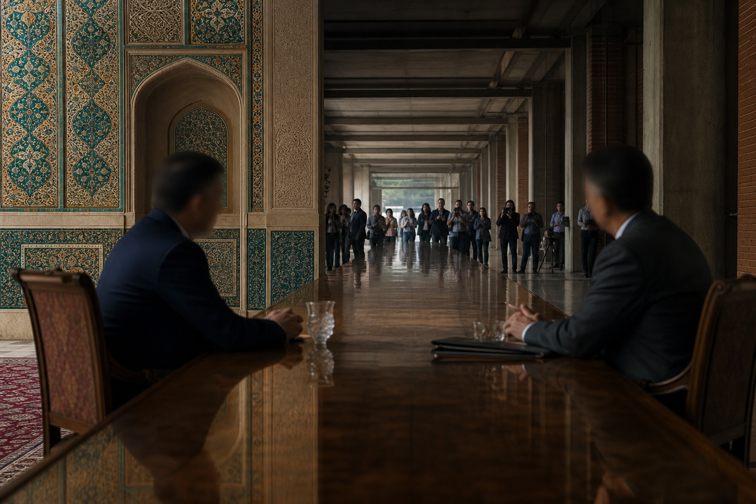 Anonymous diplomats meet in an arched interior as the scene transitions into a parliamentary corridor watched by citizens and journalists.