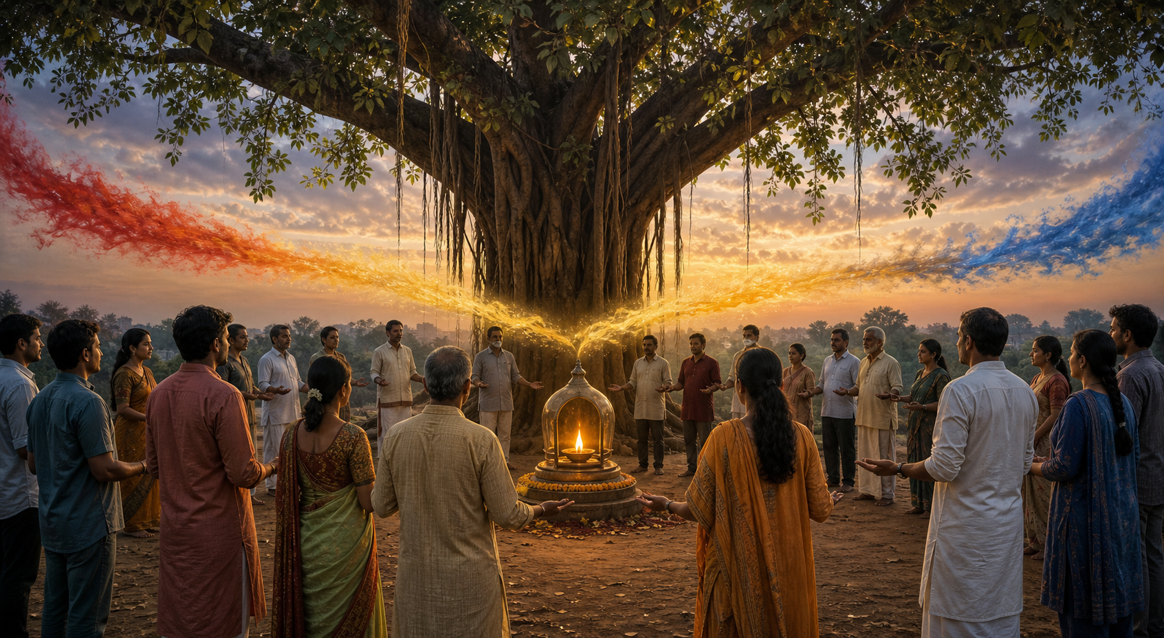 A diverse group of citizens calmly surrounds a glowing oil lamp beneath a banyan tree as two colored streams merge into warm light nearby.