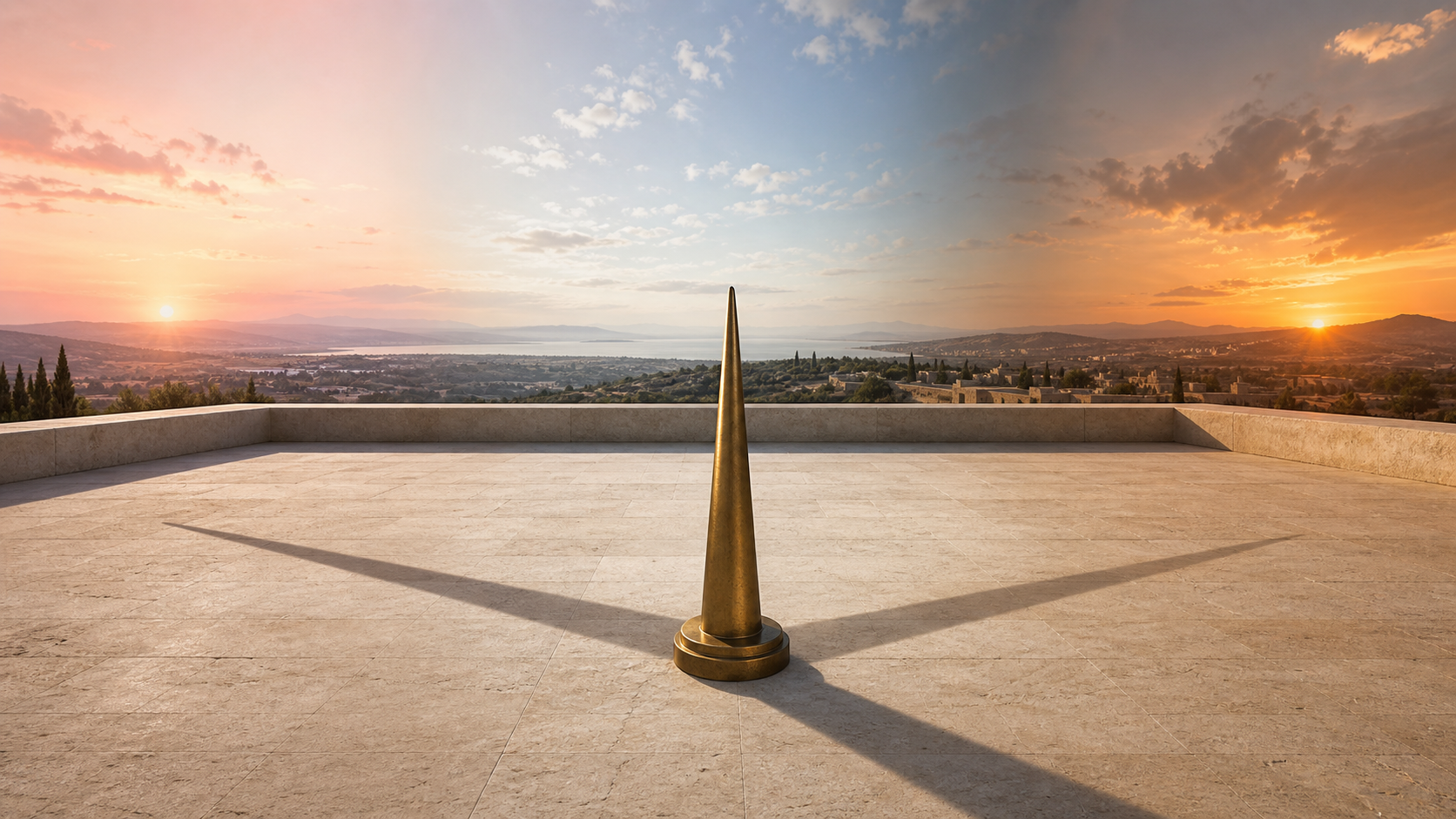 A brass gnomon on a stone terrace casts changing shadows across a panoramic progression from sunrise to sunset.
