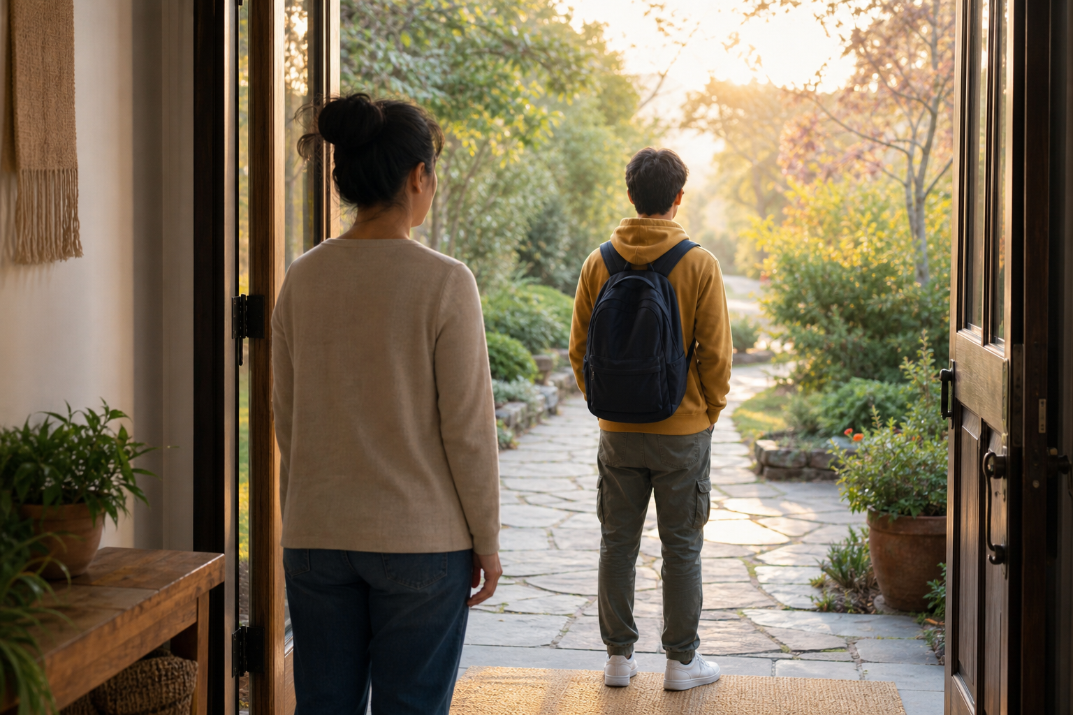 A parent stands beside an adolescent in an open doorway as they look toward a sunlit garden path.