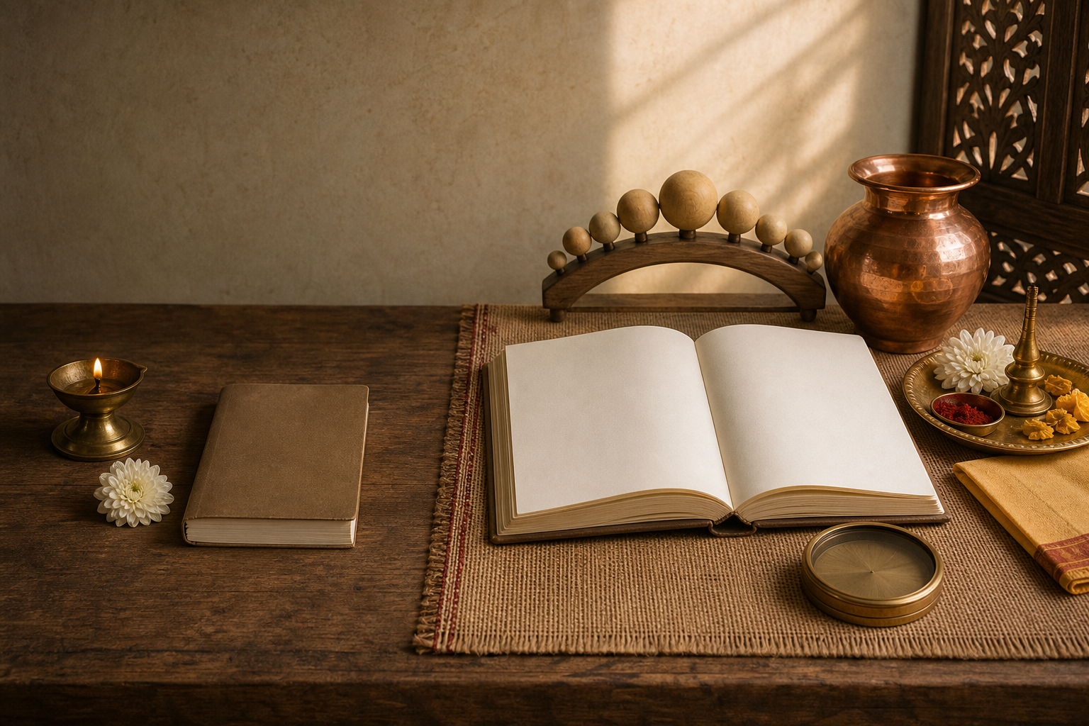 A simple diya and flower arrangement sits beside a more detailed setup with a blank almanac, lunar model, compass, copper vessel, and ceremonial tray.