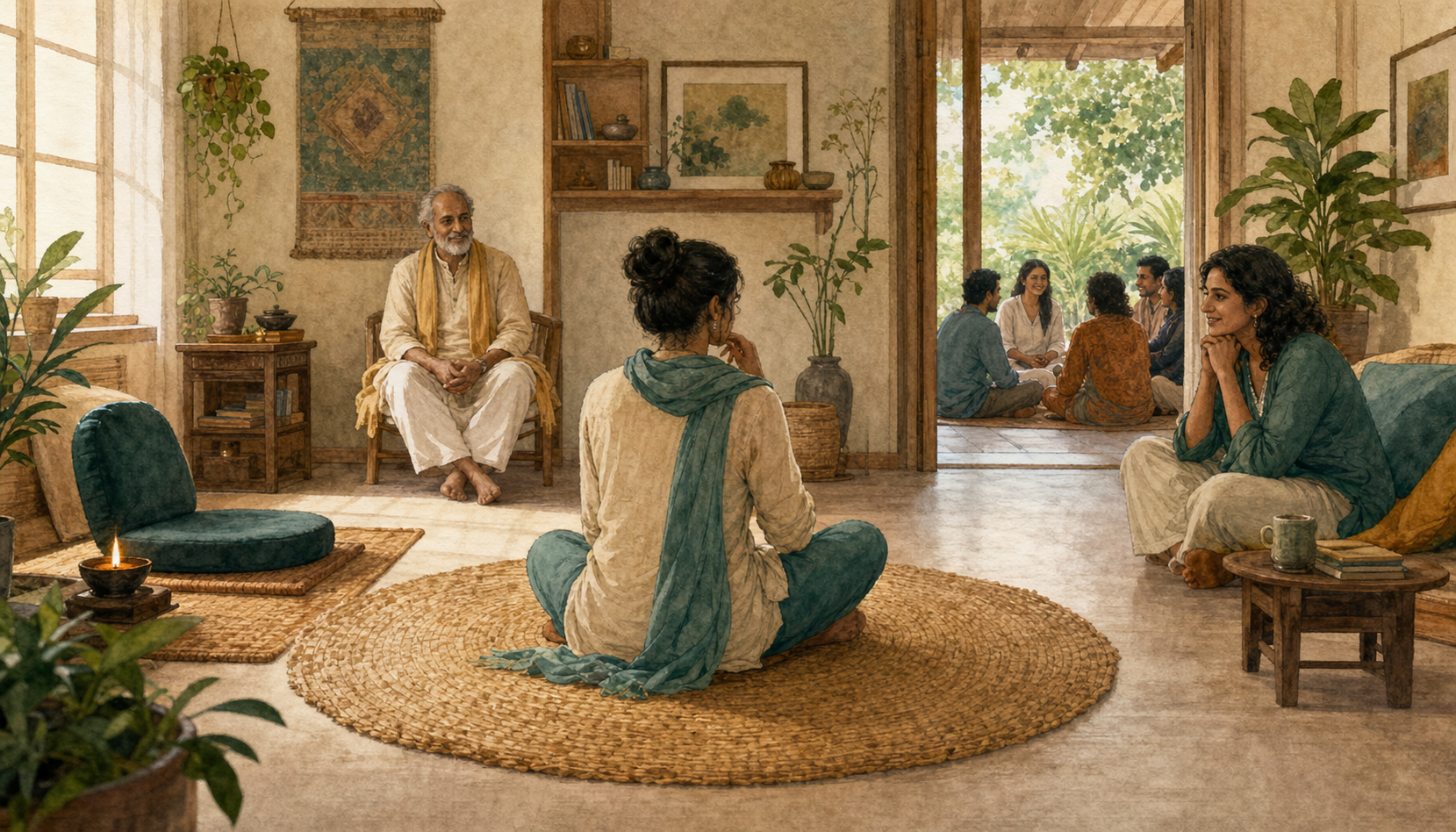 A seated seeker considers an empty meditation place, an older teacher, a trusted friend, and a small community gathered in an adjoining courtyard.