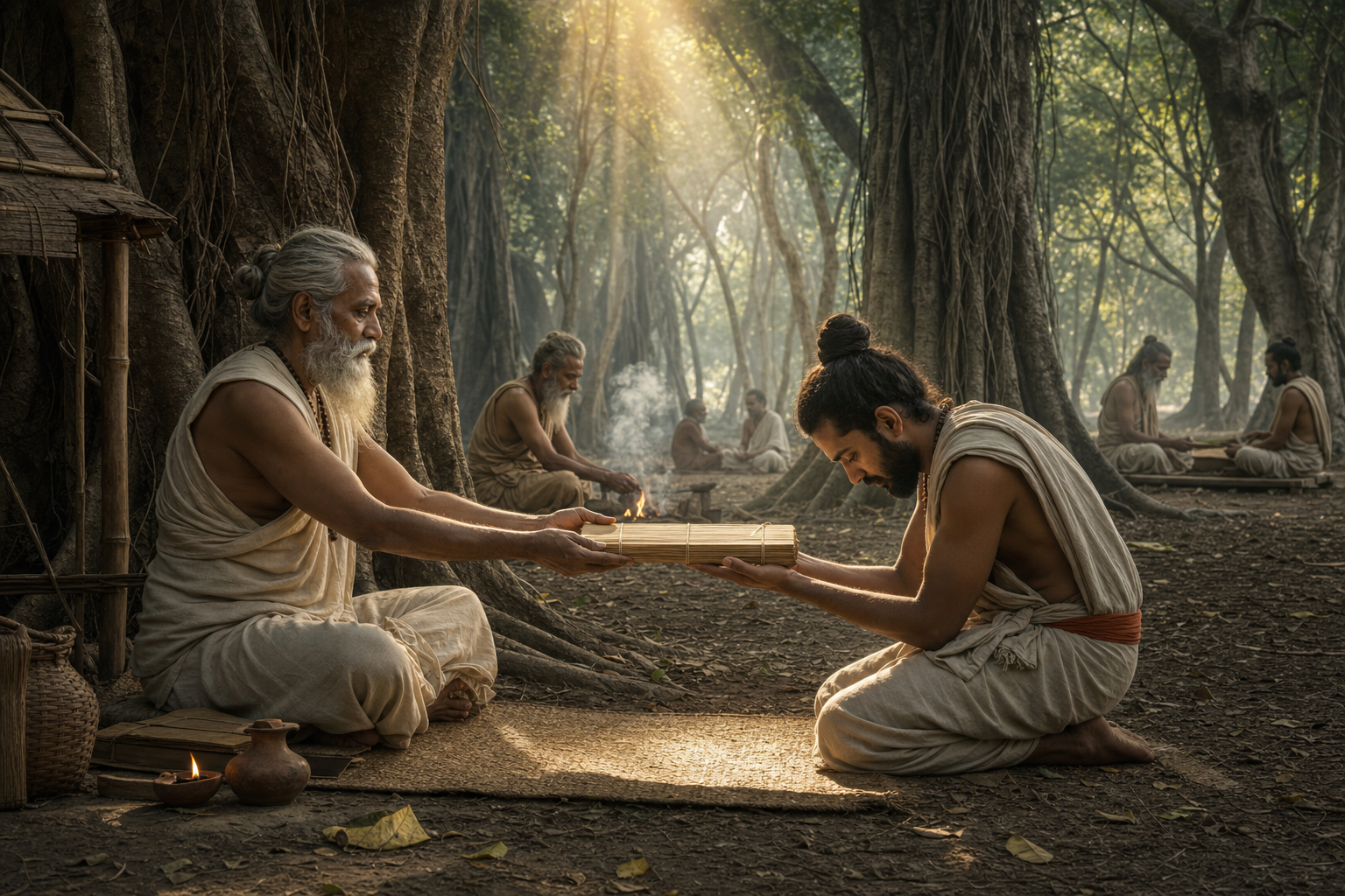 A kneeling young scholar receives a bundle of palm leaves from an elder rishi beneath a banyan tree in a forest hermitage.