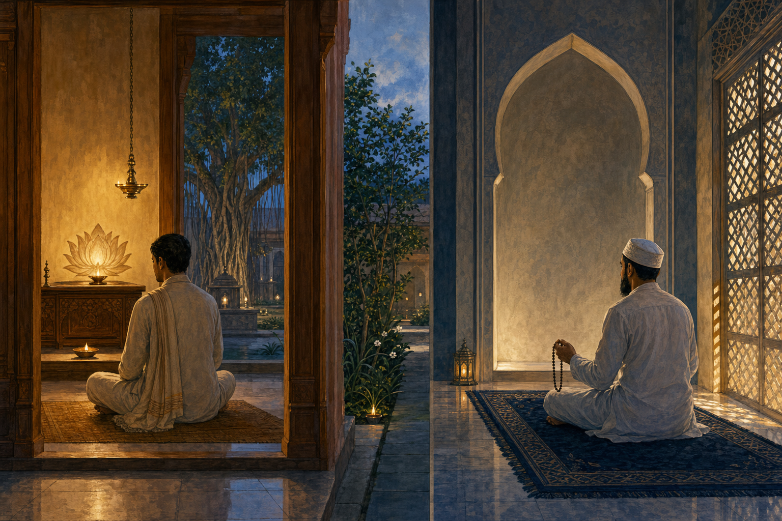 Two practitioners contemplate in separate spaces, one beside an oil lamp and lotus-shaped object and the other beside an arched niche with prayer beads, divided by an open garden.