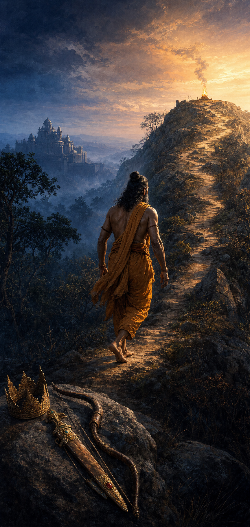 Viswamitra leaves a crown, bow, and sword beside a rock as he climbs barefoot from a distant palace toward a forest fire at dawn.