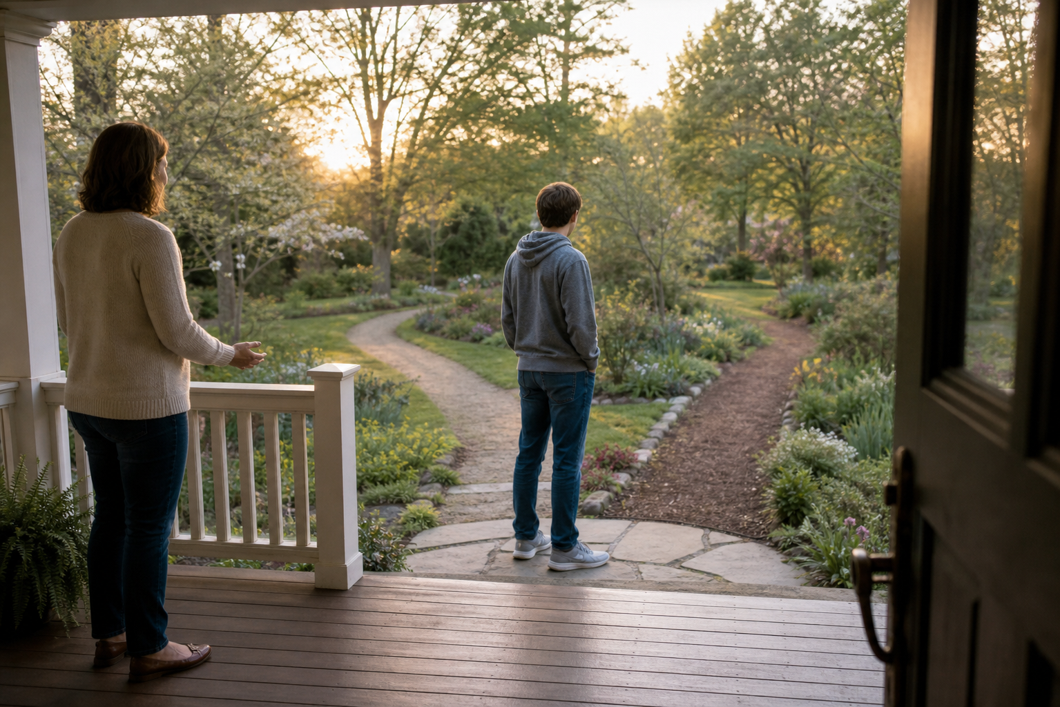 An adolescent chooses between two garden paths while a parent waits behind them on an open porch.