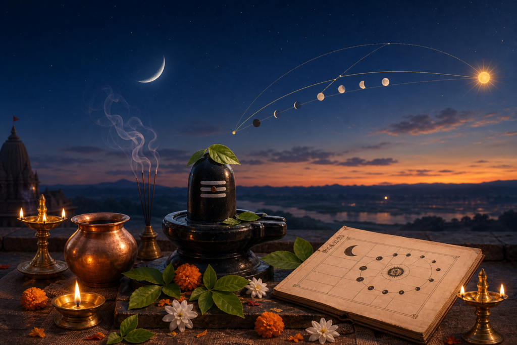 Shiva lingam altar with diya lamps, bilva leaves, panchang calendar, crescent moon, and golden celestial arcs at twilight