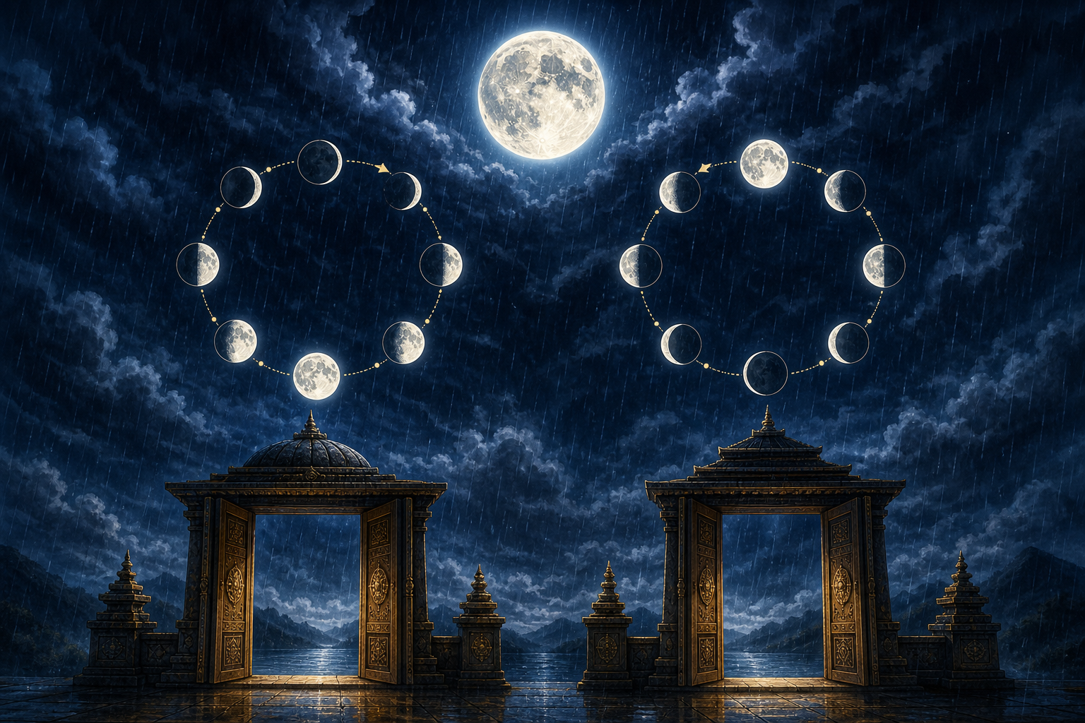 Two differently arranged rings of moon phases appear beneath one full moon, symbolizing calendar systems that divide the same lunar cycle in different ways.