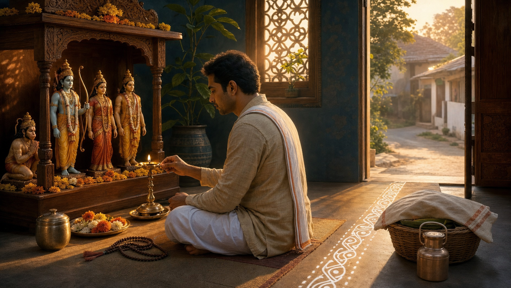 A devotee lights an oil lamp before a home shrine while prayer beads, flowers, and a basket prepared for service rest nearby at sunrise.