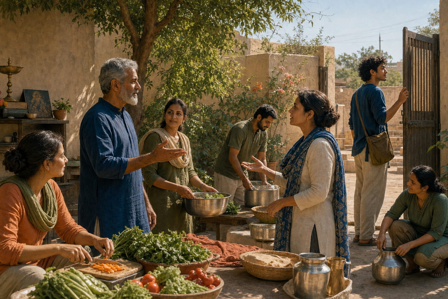 A spiritual guide and several adults prepare food and carry water in a courtyard while one student leaves freely through an open gate and another speaks with the guide.