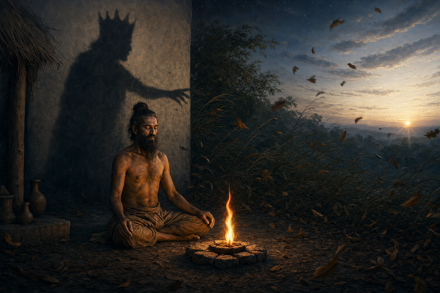A sage meditates beside a steady fire while his large shadow resembles a crowned ruler and begins to fade in the light of dawn.
