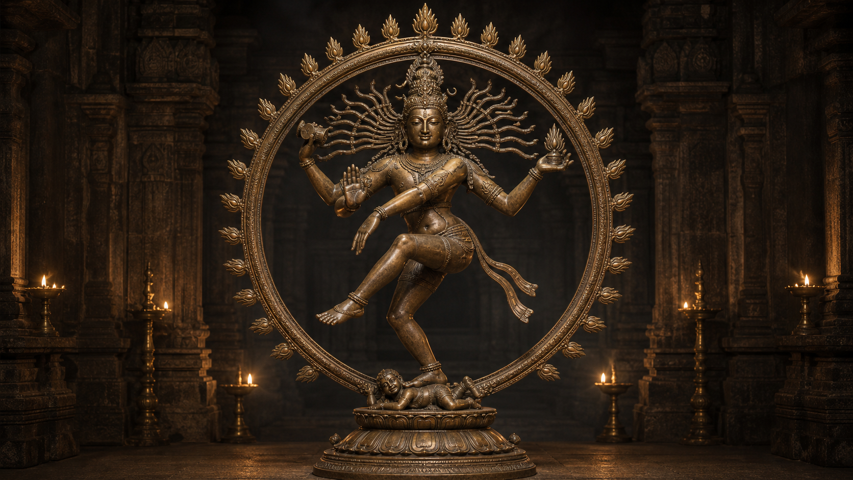 A bronze Nataraja stands within a ring of flames, holding a drum and fire while one hand offers fearlessness and one foot is raised above Apasmara.