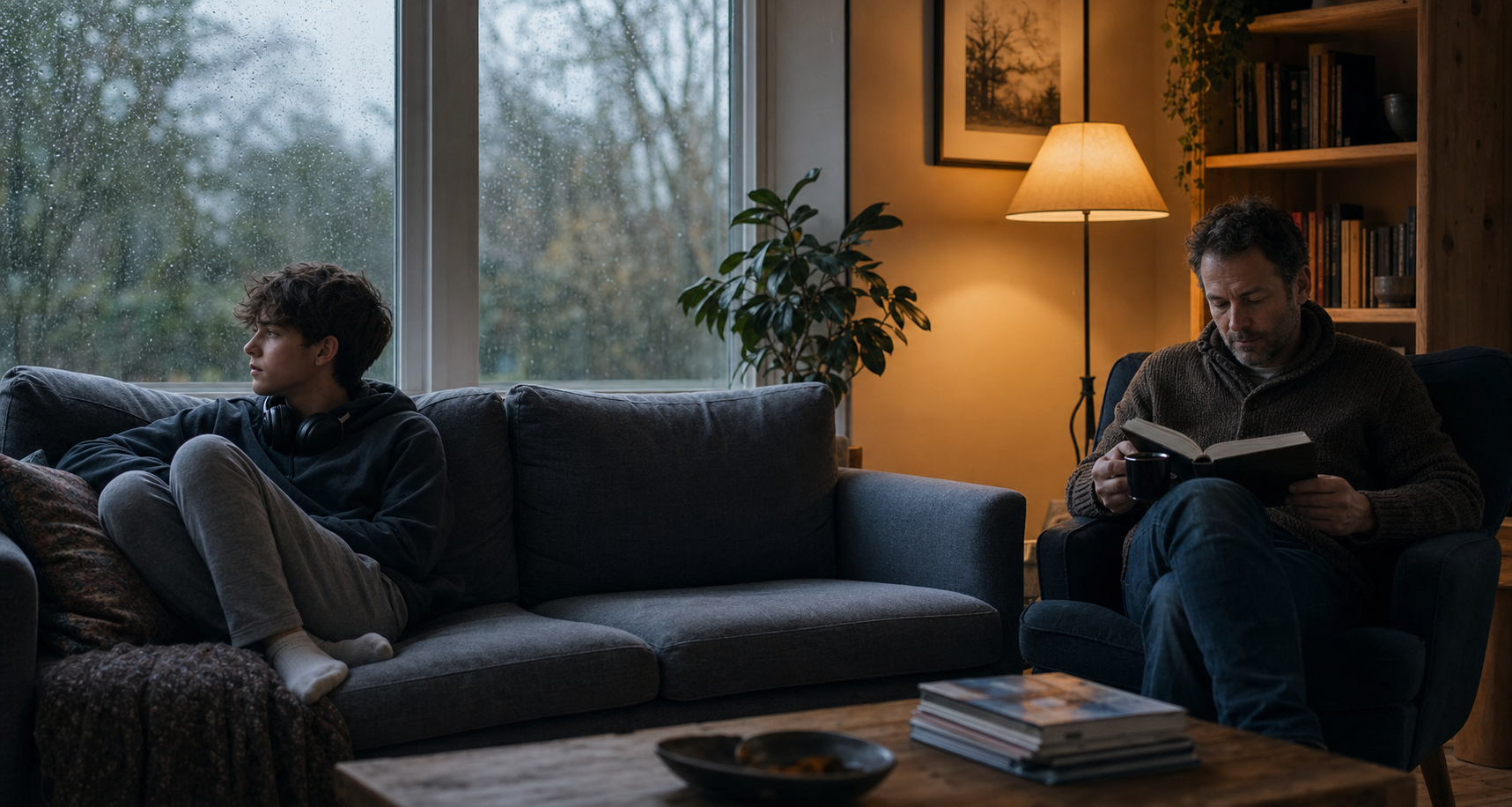 An adolescent looks out a rainy window while a parent sits quietly nearby in a softly lit living room.