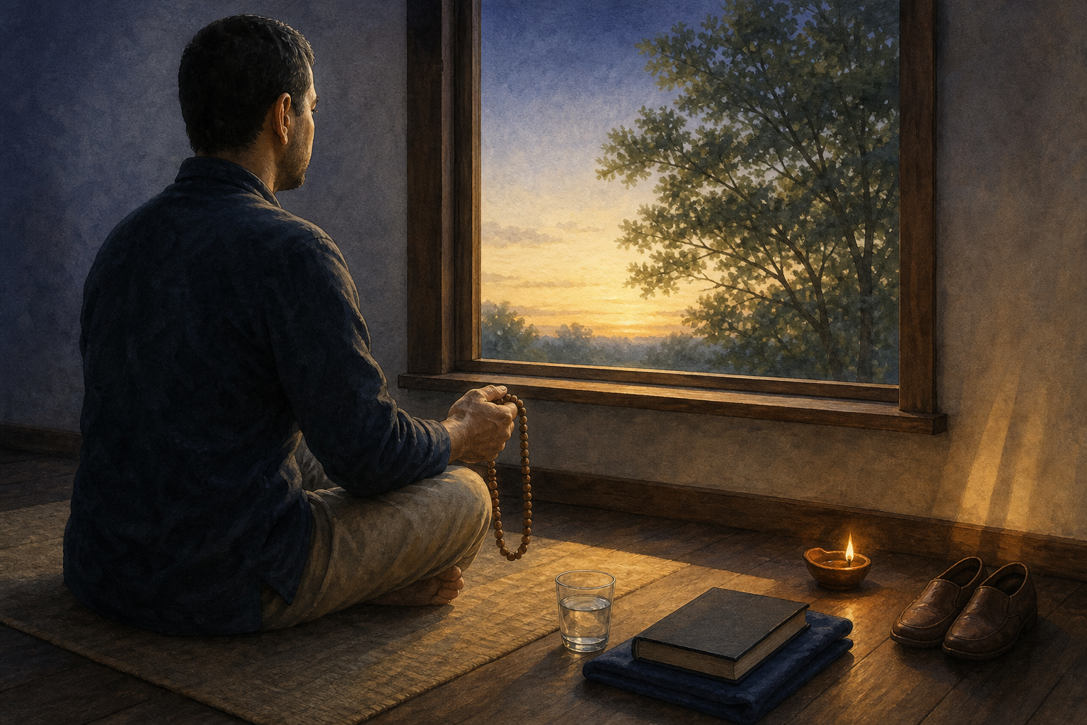 A person practices quietly with wooden prayer beads beside a small oil lamp and a closed book as dawn light enters a simple room.
