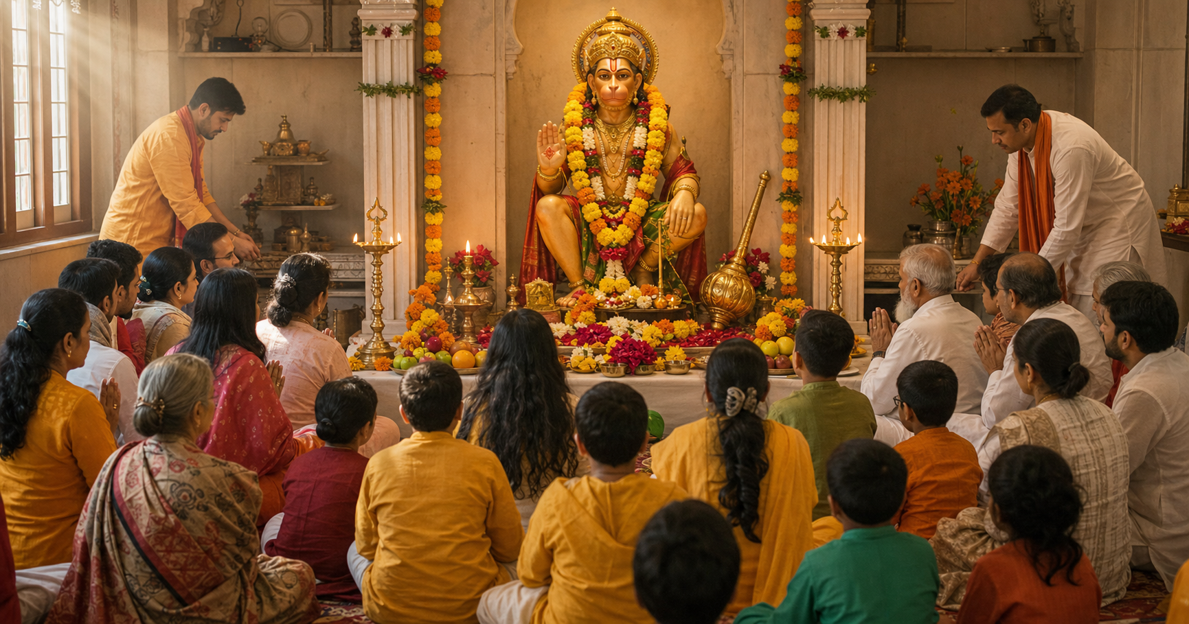 Families and volunteers gather in prayer before a garlanded murti of Shri Hanuman, with lamps, offerings, and a small ceremonial gada at the altar.