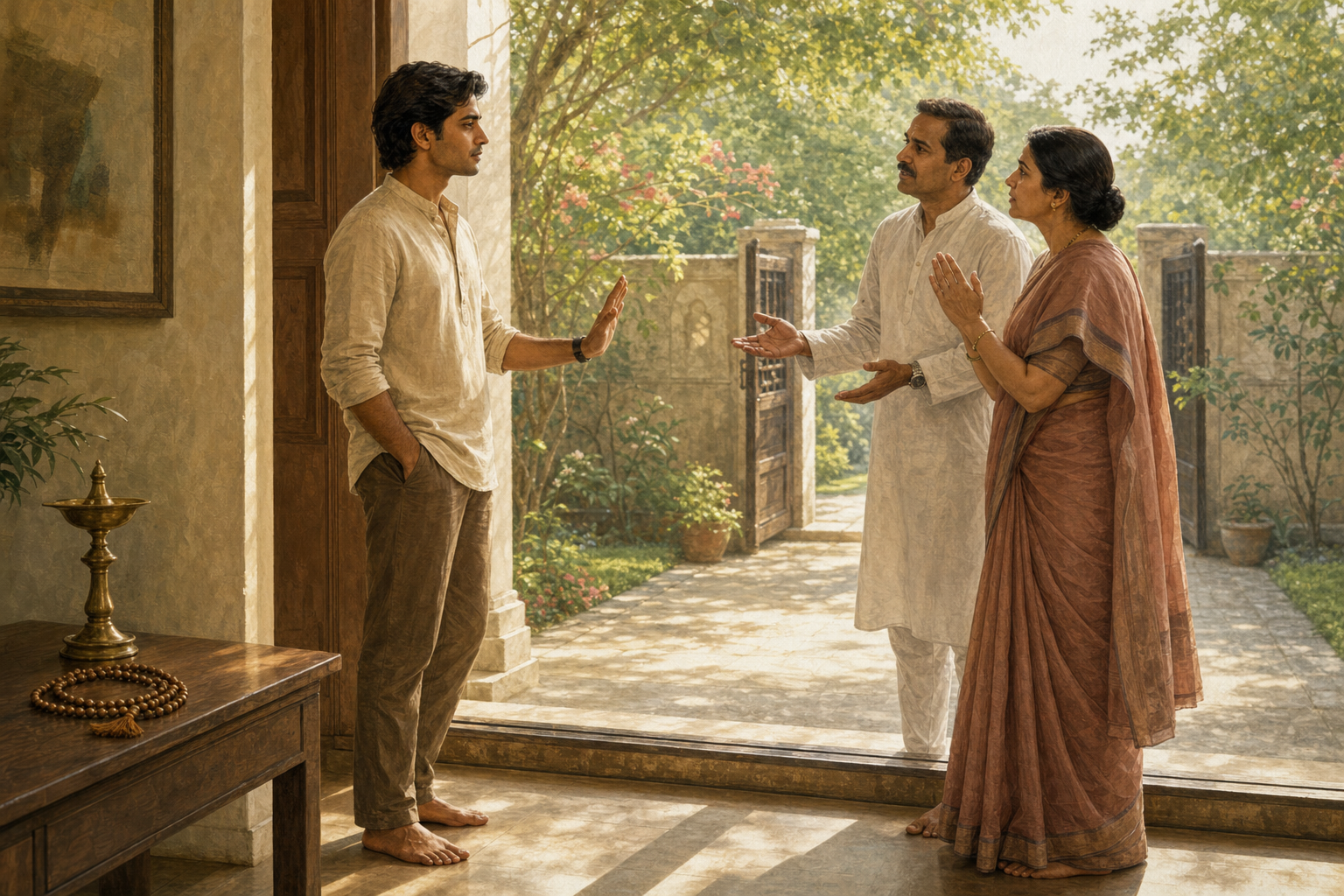 A calm adult stands behind a stone courtyard threshold and gently refuses a request from two relatives without hostility.