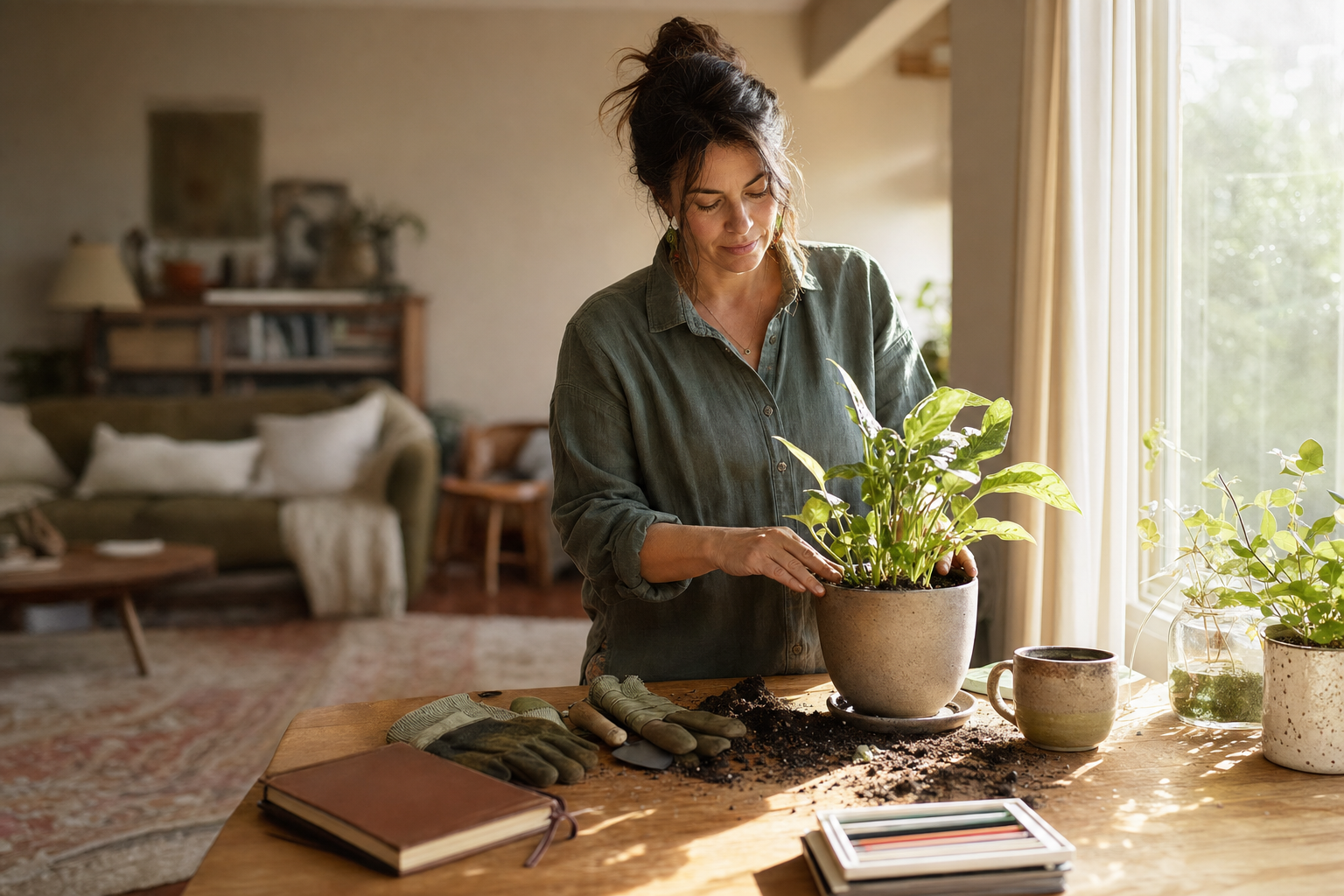 A parent tends a potted plant at a sunlit table beside a closed journal and art supplies.