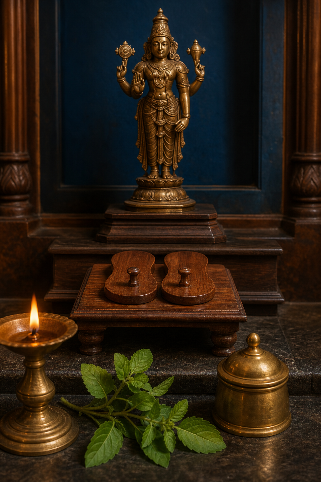 A home altar places a metal Vishnu image above wooden guru sandals and a small covered brass container beside a lamp.