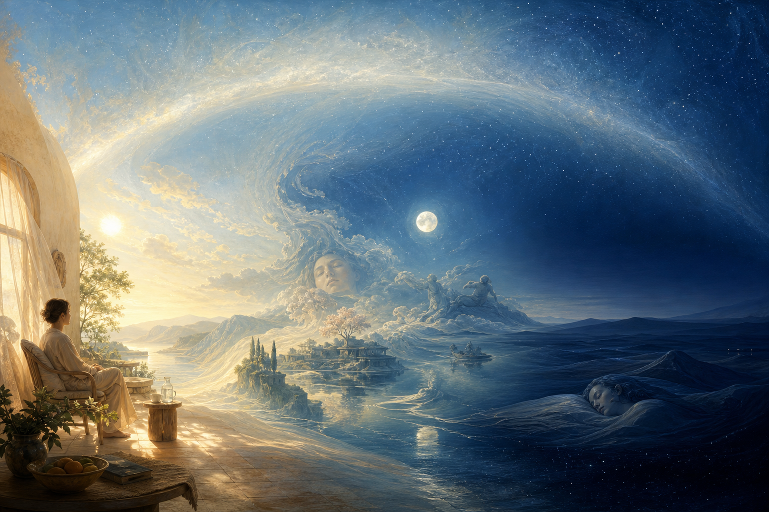 A continuous landscape shifts from a detailed waking scene to a dreamlike night, deep darkness, and an encompassing clear sky.