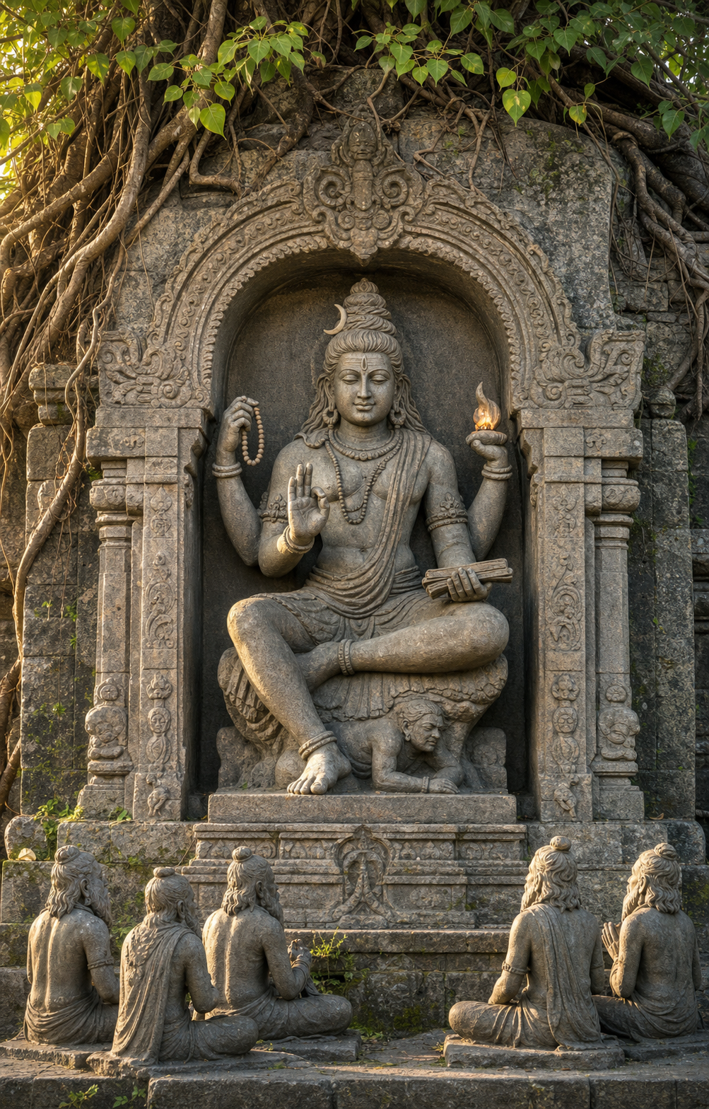 A stone image of Dakshinamurti sits beneath a banyan tree, teaching gathered sages with one hand in a gesture of knowledge and a manuscript in another.