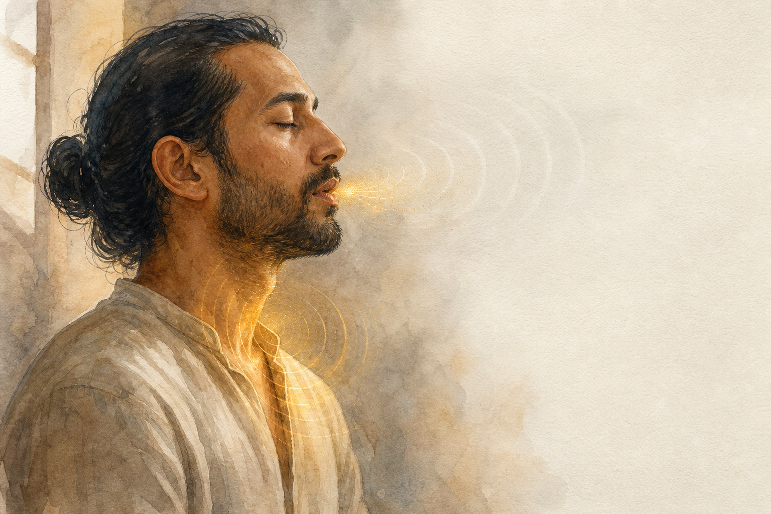A side-view practitioner chants as visible ripples move from the lips through the chest and fade into quiet space.